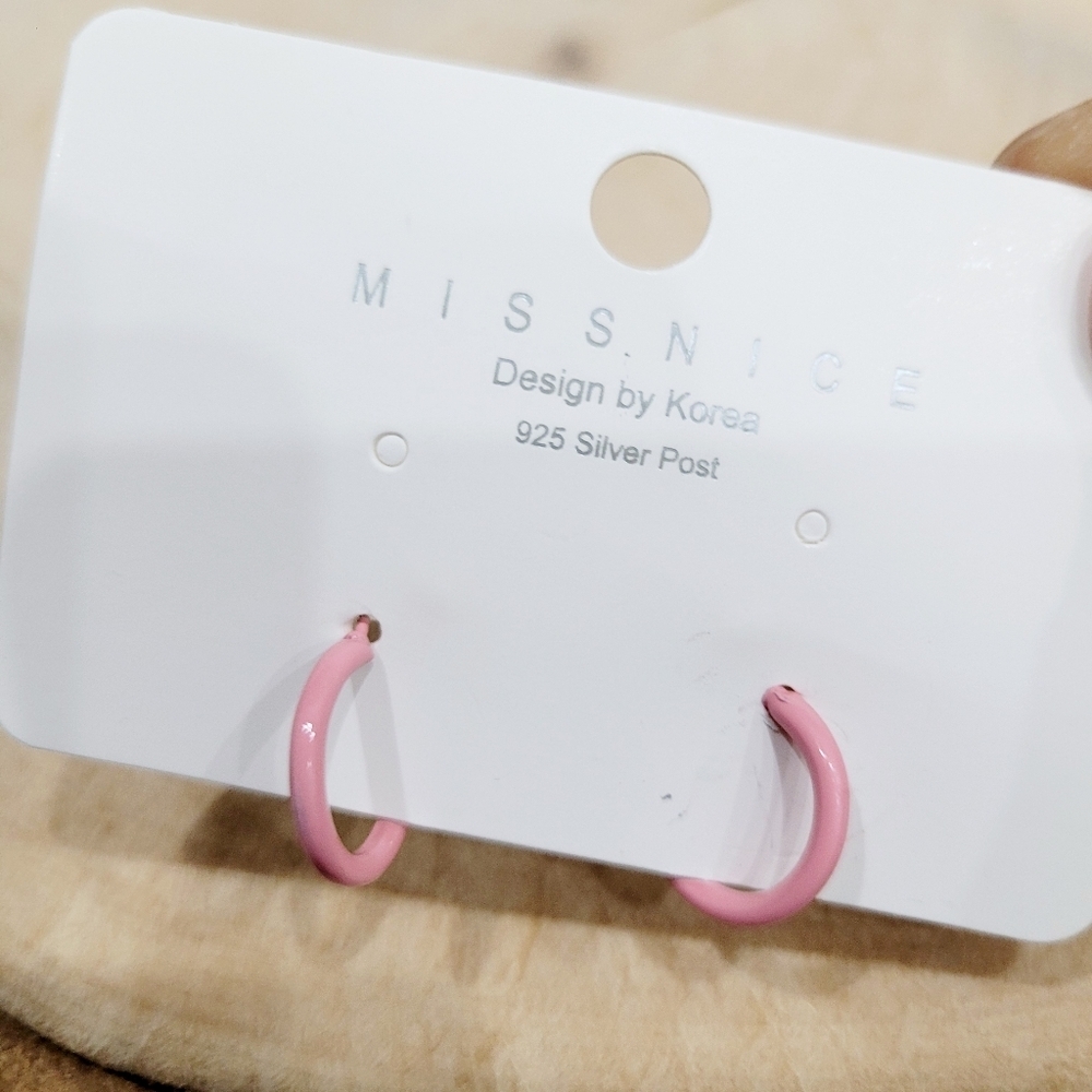 Brand New Silver Tone Pink Mini Hoops Earrings